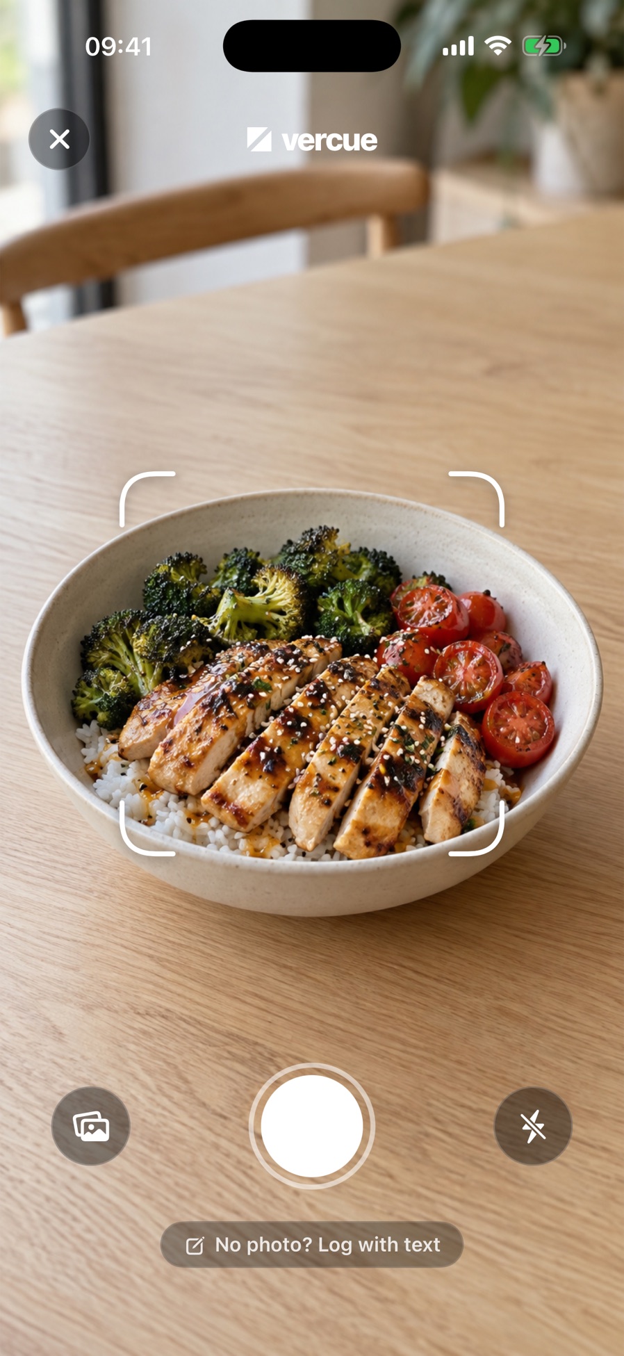 Vercue camera: a chicken rice bowl in the scan frame, with an option to log with text instead.