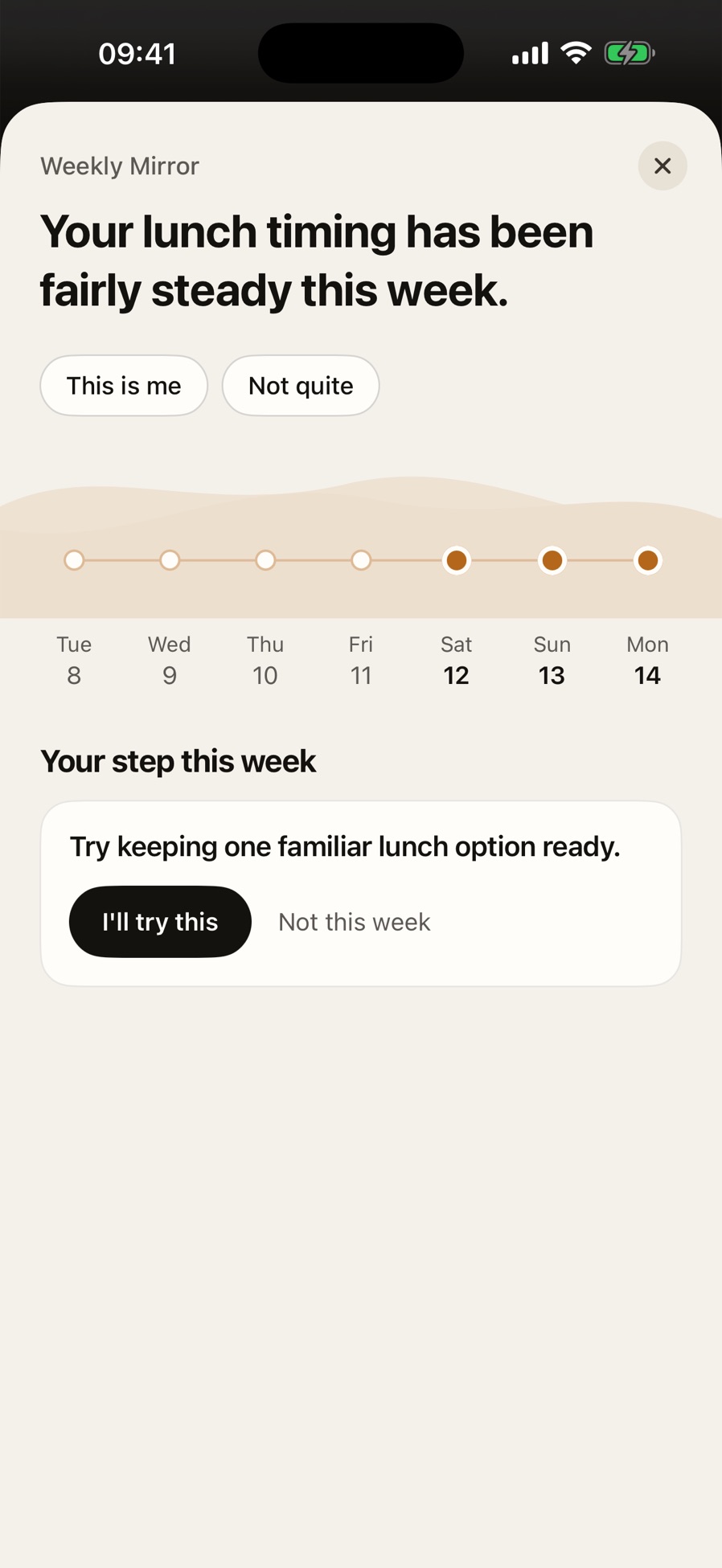 Weekly Mirror: your lunch timing has been fairly steady this week. Your step: keep one familiar lunch option ready.
