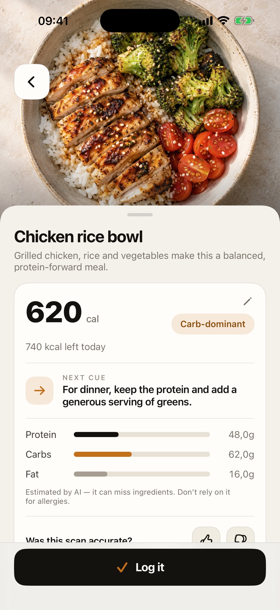Scan result with 620 calories, 740 kcal left today and a next cue: keep the protein and add greens at dinner.