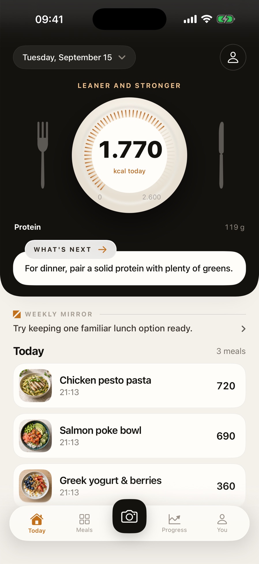 Today screen: 1,770 of 2,600 kcal, protein so far, a what’s next card and this week’s Weekly Mirror step.